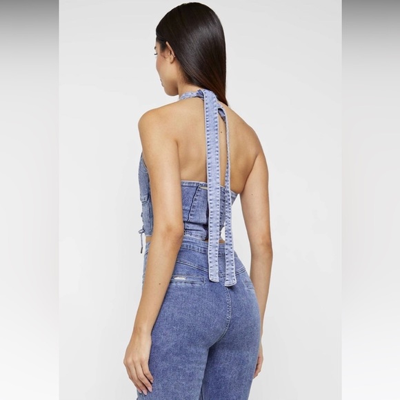 Maniere De Voir denim crossover halter top - Picture 2 of 3